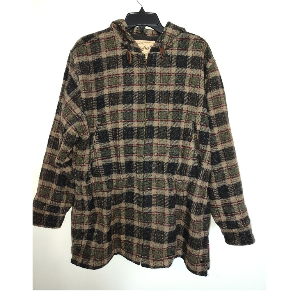 Woolrich Womens Plaid Wool Blend Hooded Parka Jacket Green Brown Large USA Made